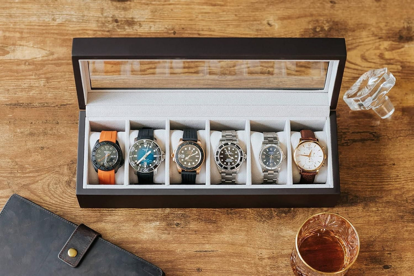 Wood Watch Box Organiser with Glass Display